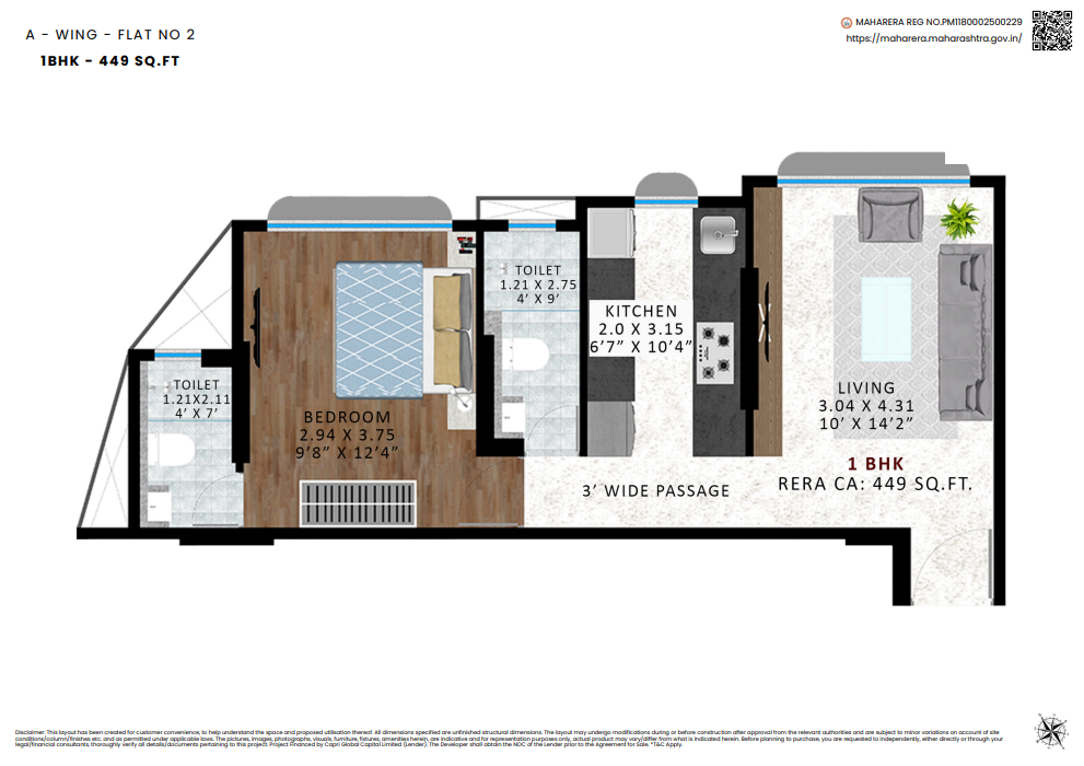 A-Wing Flat No.2, 1 BHK – 449 sq.ft. floor plan at Agrawals Phoenix, Bandra East – Kherwadi, CodeName Aarambh