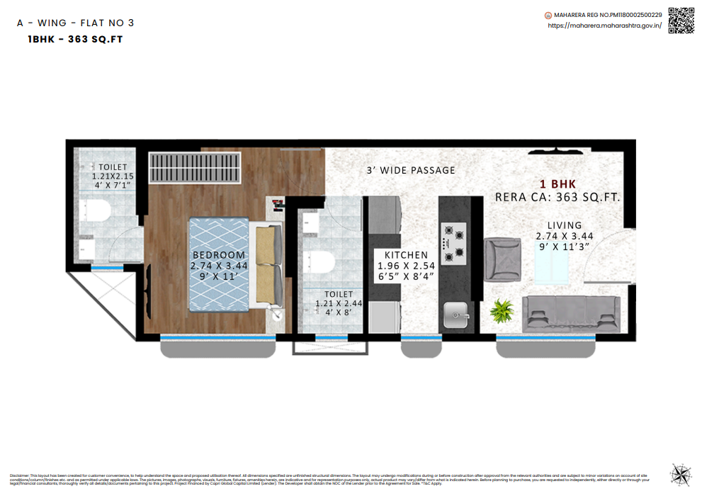 A-Wing Flat No.3, 1 BHK – 363 sq.ft. floor plan at Agrawals Phoenix, Bandra East – Kherwadi, CodeName Aarambh