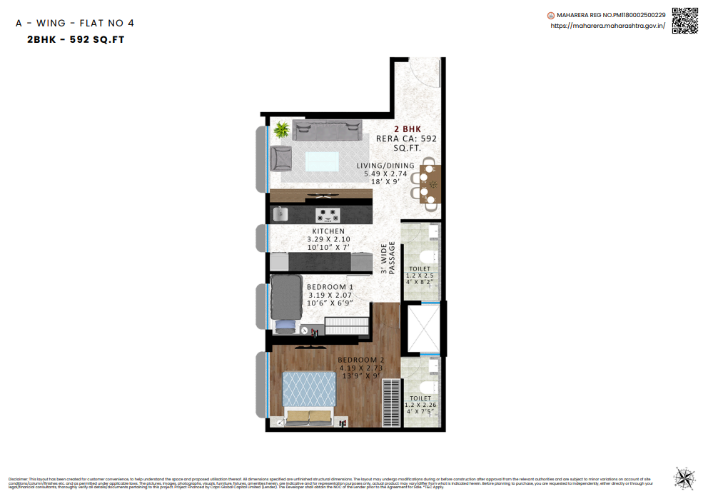 A-Wing Flat No.4, 2 BHK – 592 sq.ft. floor plan at Agrawals Phoenix, Bandra East – Kherwadi, CodeName Aarambh
