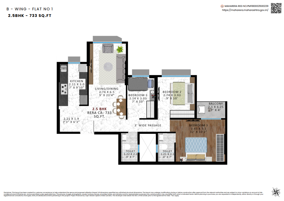 B-Wing Flat No.1, 2.5 BHK – 733 sq.ft. floor plan at Agrawals Phoenix, Bandra East – Kherwadi, CodeName Aarambh