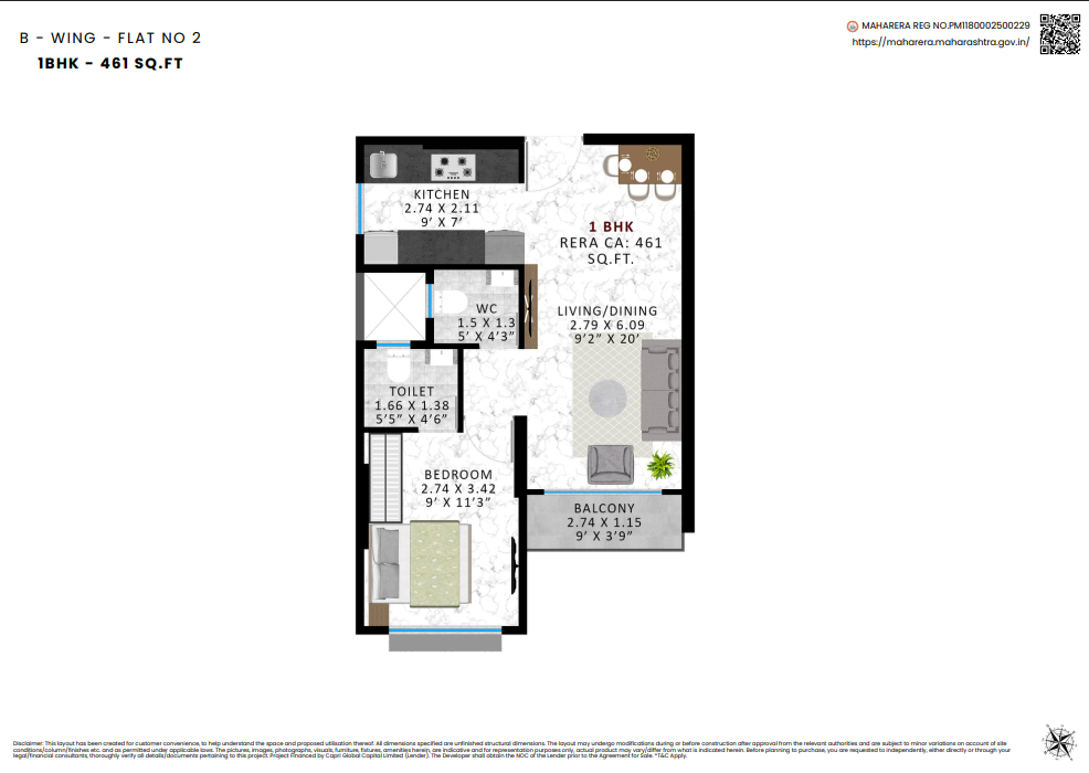 B-Wing Flat No.2, 1 BHK – 461 sq.ft. floor plan at Agrawals Phoenix, Bandra East – Kherwadi, CodeName Aarambh