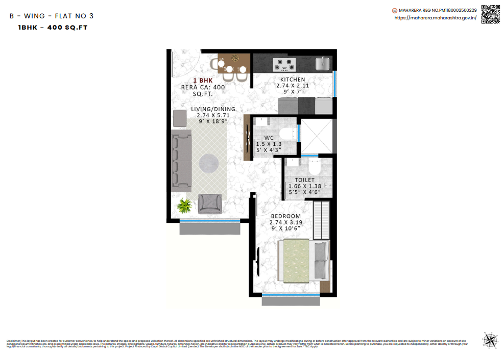 B-Wing Flat No.3, 1 BHK – 400 sq.ft. floor plan at Agrawals Phoenix, Bandra East – Kherwadi, CodeName Aarambh