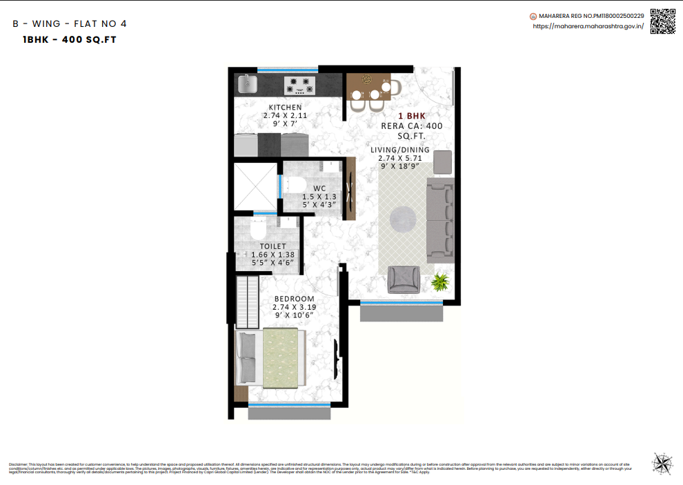 B-Wing Flat No.4, 1 BHK – 400 sq.ft. floor plan at Agrawals Phoenix, Bandra East – Kherwadi, CodeName Aarambh