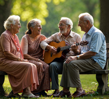 Luxury garden sitting area for senior citizens playing guitar – Agrawals Phoenix, Bandra East – Kherwadi, CodeName Aarambh